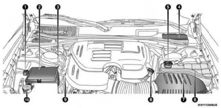 Technical diagram of a car engine bay with numbered components for identification