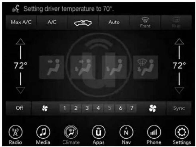Setting driver temperature to 70°. Max A/C A/C Auto Front 72° 72° Off 1 2 3 4 5 6 7 Sync Radio Media Climate Apps Nav Phone Settings
