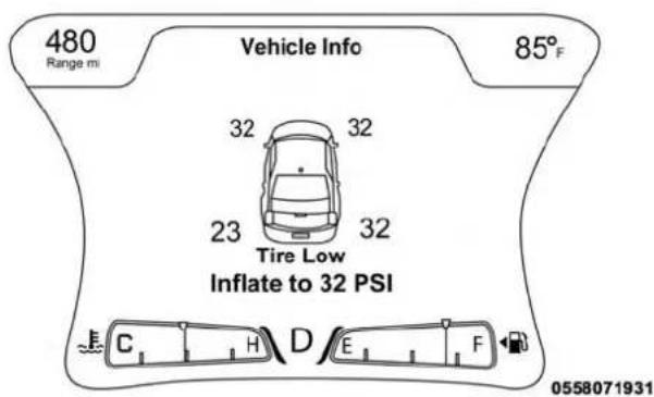 480 Range mi Vehicle Info 85° 32 32 23 32 Tire Low Inflate to 32 PSI C H D E F 0558071931