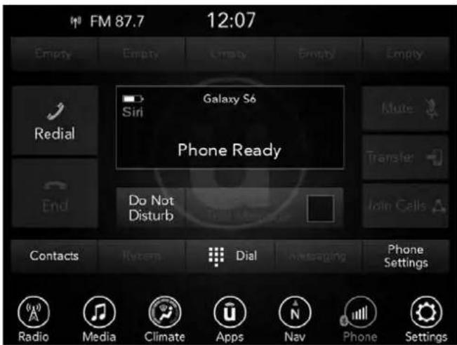FM 87.7 12:07 Empty Empty Empty Empty Redial Galaxy S6 Siri Phone Ready End Do Not Disturb Contacts System Dial Messaging Phone Settings Radio Media Climate Apps Nav Phone Settings