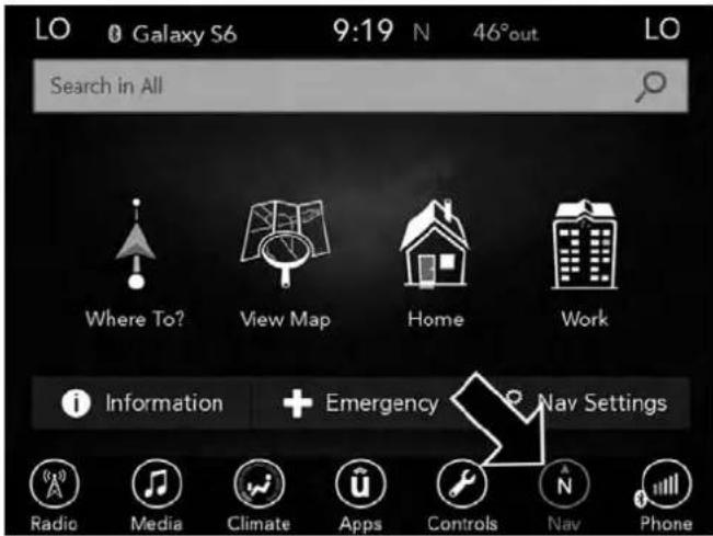 LO Galaxy S6 9:19 N 46°out LO Search in All Where To? View Map Home Work Information + Emergency Nav Settings Radio Media Climate Apps Controls Nav Phone