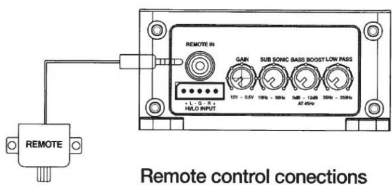 REMOTE IN GAIN SUB SONIC BASS BOOST LOW PASS + L - G - R + HILO INPUT 12V - 0.5V 19Hz - 50Hz 0dB - 12dB 35Hz - 250Hz AT 45Hz REMOTE Remote control connections