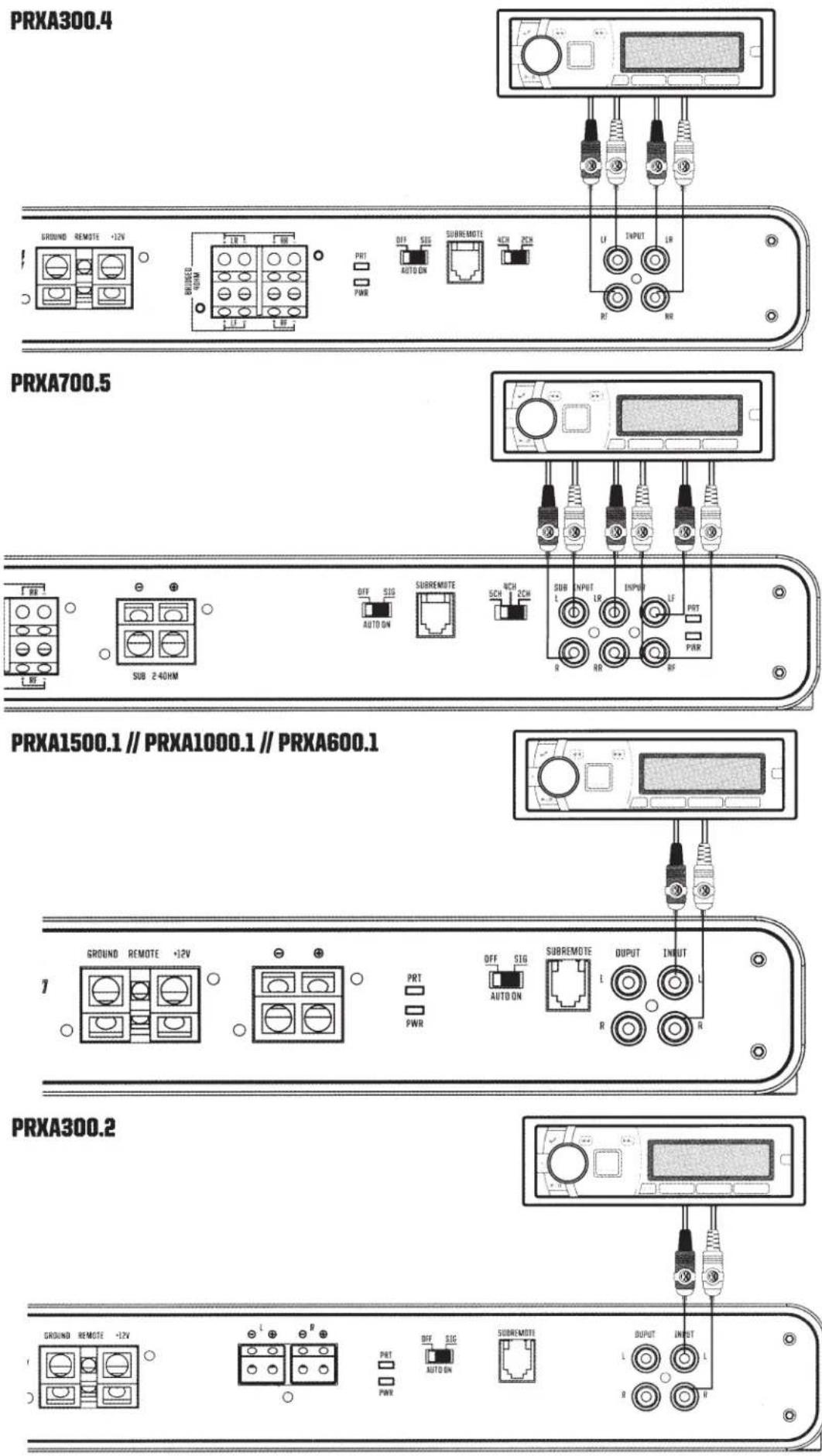 PRXA300.4 GROUND REMOTE +12V NURSES 40HM PRT AUTO ON SUBREMOTE 4CH 2CH LI INPUT LI RI PRXA700.5 FR SUB 2-40HM OFF SIO AUTO ON SUBREMOTE SCH 2CH SUB INPUT LI INPUT RI PRT RR RF PRXA1500.1 // PRXA1000.1 // PRXA600.1 GROUND REMOTE +12V PRT PWR OFF SIO AUTO ON SUBREMOTE OUTPUT INPUT I R PRXA300.2 GROUND REMOTE +12V PRT AUTO ON SUBREMOTE DUT INPUT L R