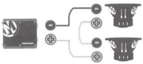 Diagram showing a device connected to four speaker outputs with polarity indicators