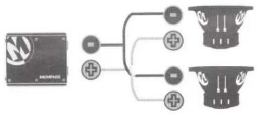 Diagram showing a MEMSOS device connected to multiple speaker outputs, with polarity indicators and connection points.