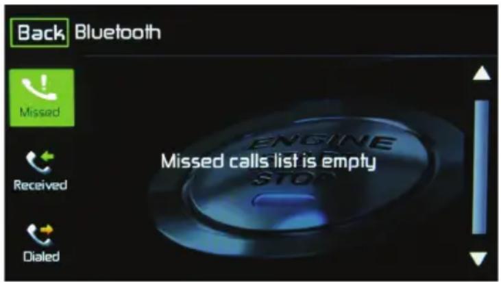 Back Bluetooth Missed Received Dialed Missed calls list is empty STOP