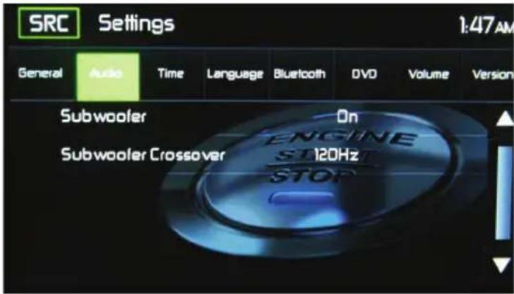 SRC Settings General Audio Time Language Bluetooth DVD Volume Version Subwoofer On Subwoofer Crossover 120Hz STOP