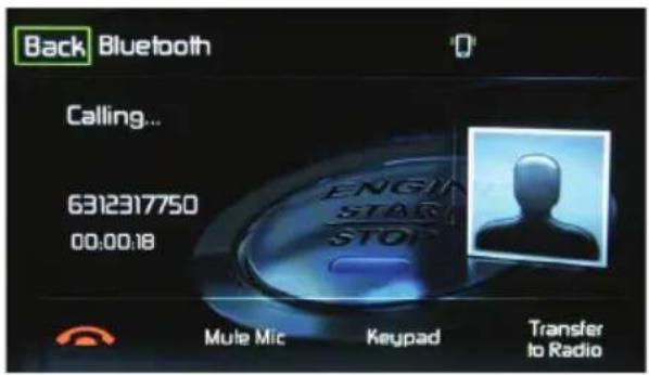 Back Bluetooth Calling... 6312317750 00:00:18 Mute Mic Keypad Transfer to Radio