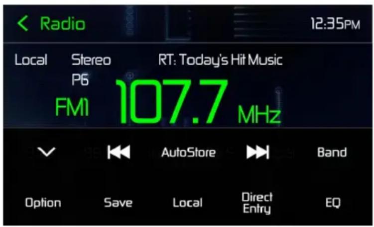 Radio Local Stereo RT: Today's Hit Music P6 FM1 107.7 MHz AutoStore Band Option Save Local Direct Entry EQ