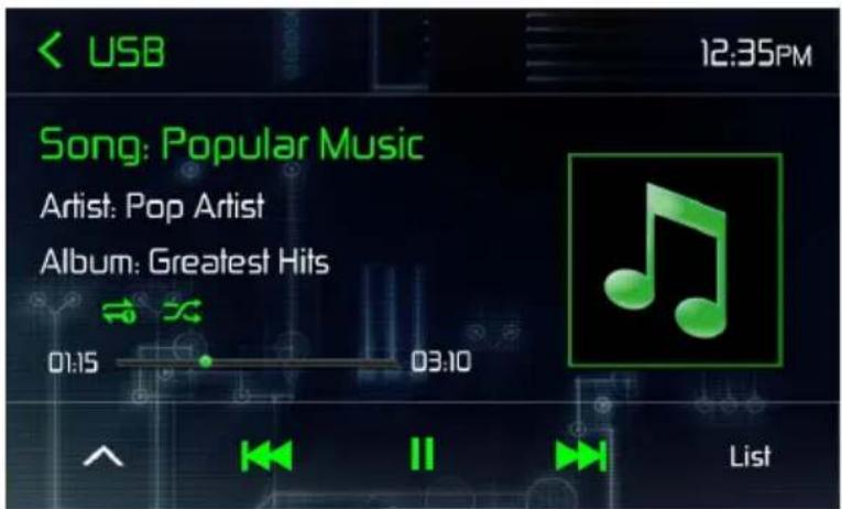 USB 12:35PM Song: Popular Music Artist: Pop Artist Album: Greatest Hits 01:15 03:10 List