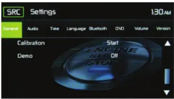 SRC Settings 1:30AM General Audio Time Language Bluetooth DVD Volume Version Calibration Start Engine ST2 Off Demo STOP
