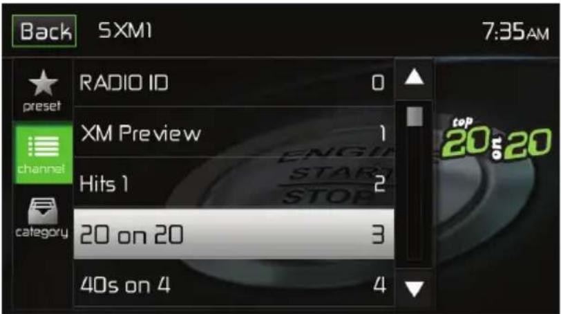 Back SXM1 7:35AM RADIO ID 0 XM Preview 1 Hits 1 2 20 on 20 3 40s on 4 4 priorset channel category top 20s20 ENGLISH START STOP