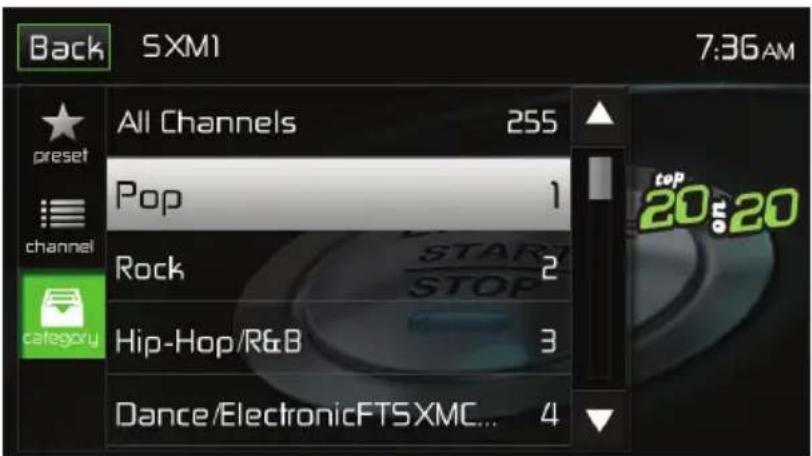 Back SXM1 7:36AM All Channels 255 pop 1 Rock 2 Hip-Hop/R&B 3 Dance/ElectronicFTS XMC... 4 channel category top 20$20