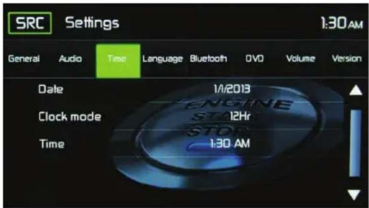 SRC Settings 1:30 AM General Audio Time Language Bluetooth DVD Volume Version Date 1/1/2013 Clock mode 12Hr Time 1:30 AM