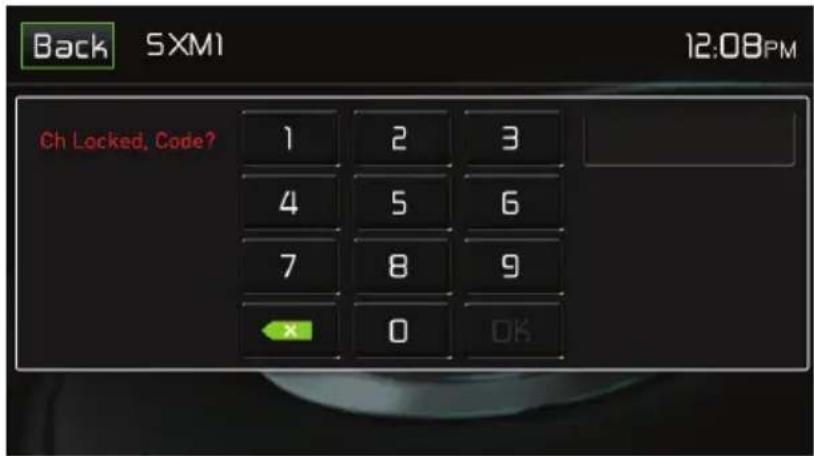 Back SXM1 12:08PM Ch Locked, Code? 1 2 3 4 5 6 7 8 9 x 0 OK