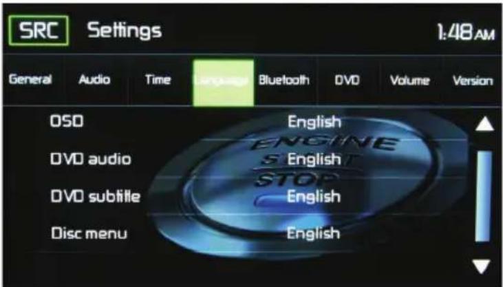 SRC Settings 1:48 AM General Audio Time Language Bluetooth DVD Volume Version OSO English DVO audio English DVD subtitle English Disc menu English