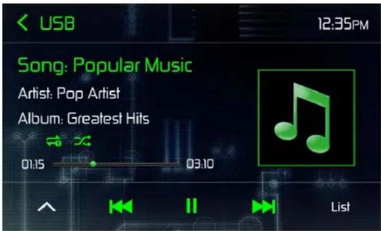 USB 12:35PM Song: Popular Music Artist: Pop Artist Album: Greatest Hits 01:15 03:10 List