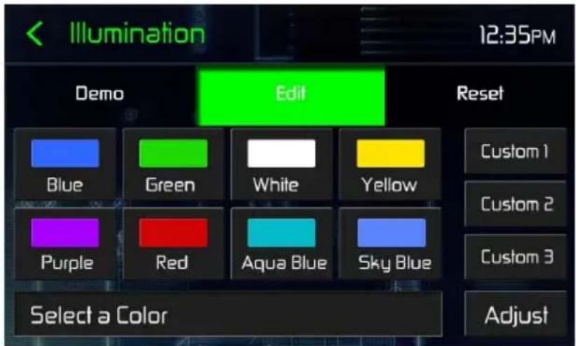 Illumination 12:35PM Demo Edit Reset Blue Green White Yellow Custom 1 Custom 2 Purple Red Aqua Blue Sky Blue Custom 3 Adjust Select a Color