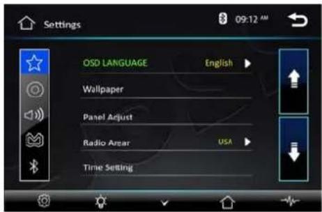Settings 09:12 AM OSD LANGUAGE English Wallpaper Panel Adjust Radio Area USA Time Setting