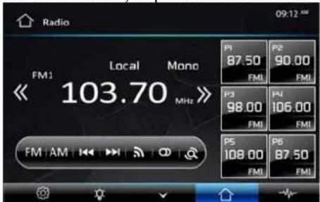 Radio 09:12 AM FM1 Local Mono << 103.70 MHz P1 P2 87.50 90.00 FMI FMI P3 P4 98.00 106.00 FMI FMI P5 P6 108.00 87.50 FMI FMI