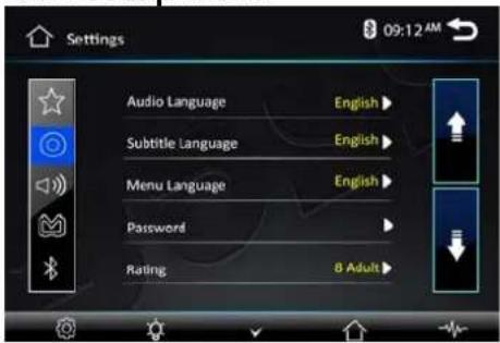 Settings Audio Language English ▶ Subtitle Language English ▶ Menu Language English ▶ Password ▲ Rating 8 Adult ▶