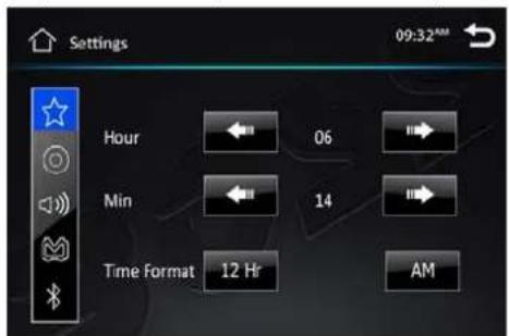 Settings 09:32 AM Hour 06 Min 14 Time Format 12 Hr AM