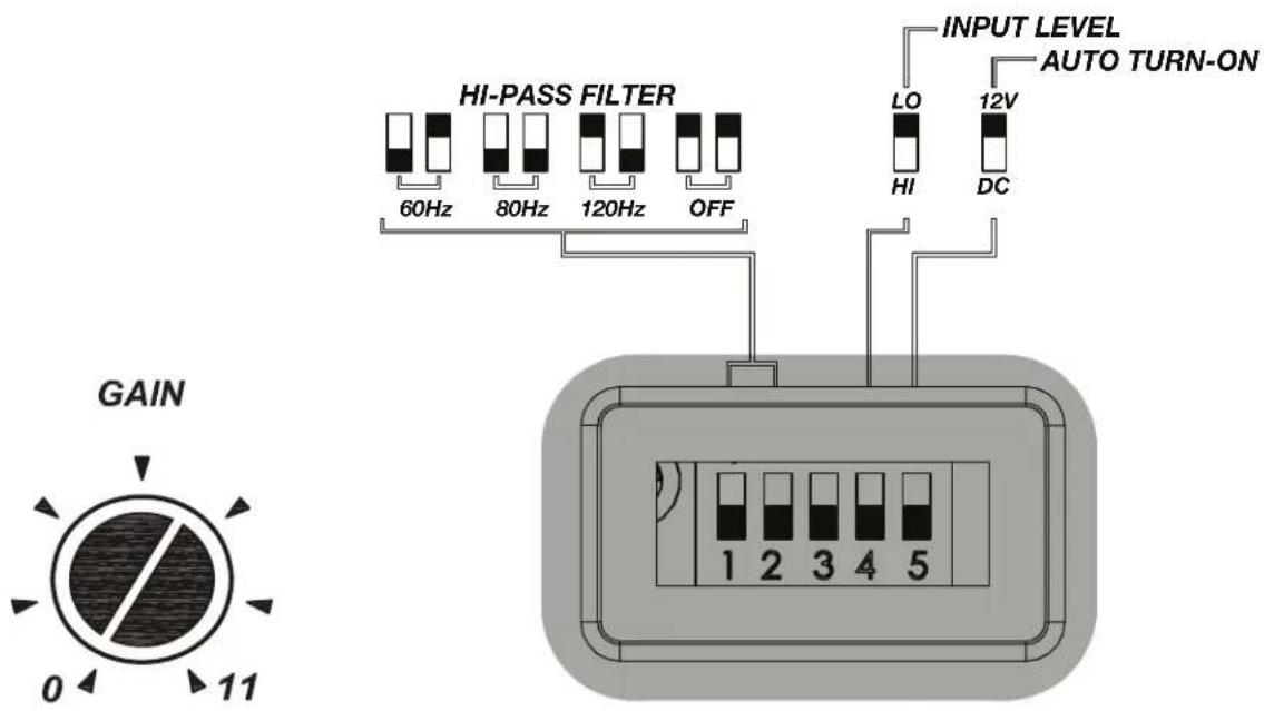 HI-PASS FILTER 60Hz 80Hz 120Hz OFF GAIN 0 11 INPUT LEVEL AUTO TURN-ON LO HI 12V DC
