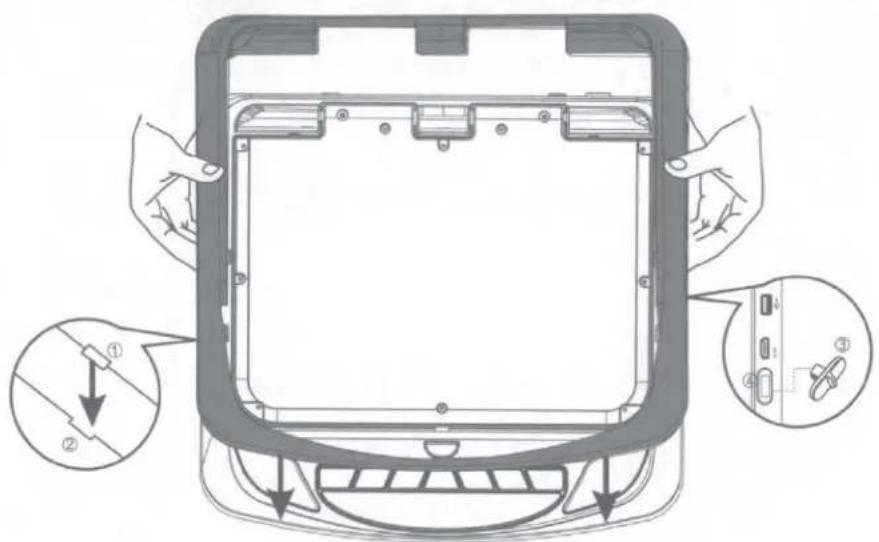 Diagram of a car interior with labeled parts and directional arrows indicating assembly or repair steps