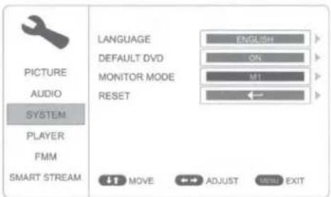 PICTURE AUDIO SYSTEM PLAYER FMM SMART STREAM LANGUAGE DEFAULT DVD MONITOR MODE RESET ENGLISH ON M1 MOVE ADJUST EXIT