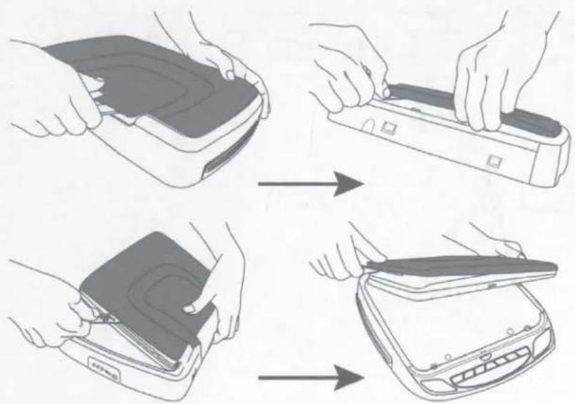 Illustration showing four steps of a device being placed on a device, with Chinese labels indicating each step.