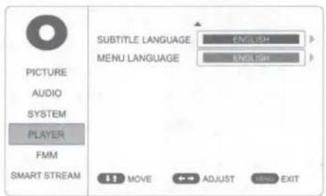 PICTURE AUDIO SYSTEM PLAYER FMM SMART STREAM SUBTITLE LANGUAGE ENGLISH MENU LANGUAGE ENGLISH MOVE ADJUST INFO EXIT