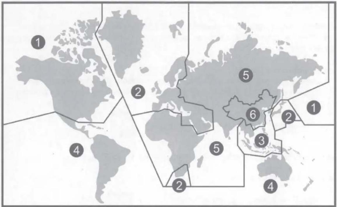 World map with numbered regions highlighting specific countries or regions within Africa and Asia