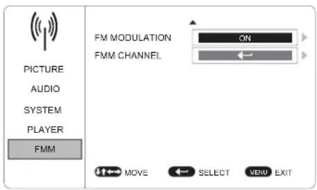 PICTURE AUDIO SYSTEM PLAYER FMM FM MODULATION ON FMM CHANNEL MOVE SELECT VERU EXIT