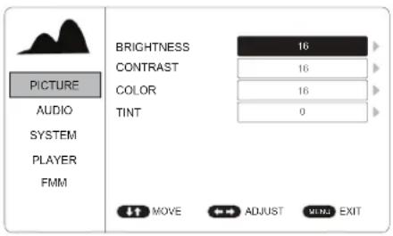 PICTURE AUDIO SYSTEM PLAYER FMM BRIGHTNESS 16 CONTRAST 16 COLOR 16 TINT 0 MOVE ADJUST ULTRA EXIT