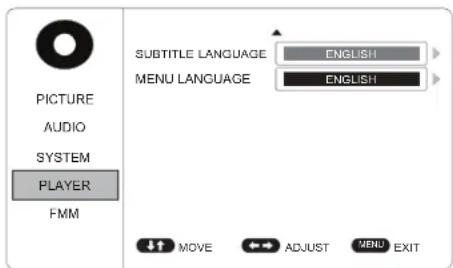 PICTURE AUDIO SYSTEM PLAYER FMM SUBTITLE LANGUAGE ENGLISH MENU LANGUAGE ENGLISH MOVE ADJUST MENU EXIT