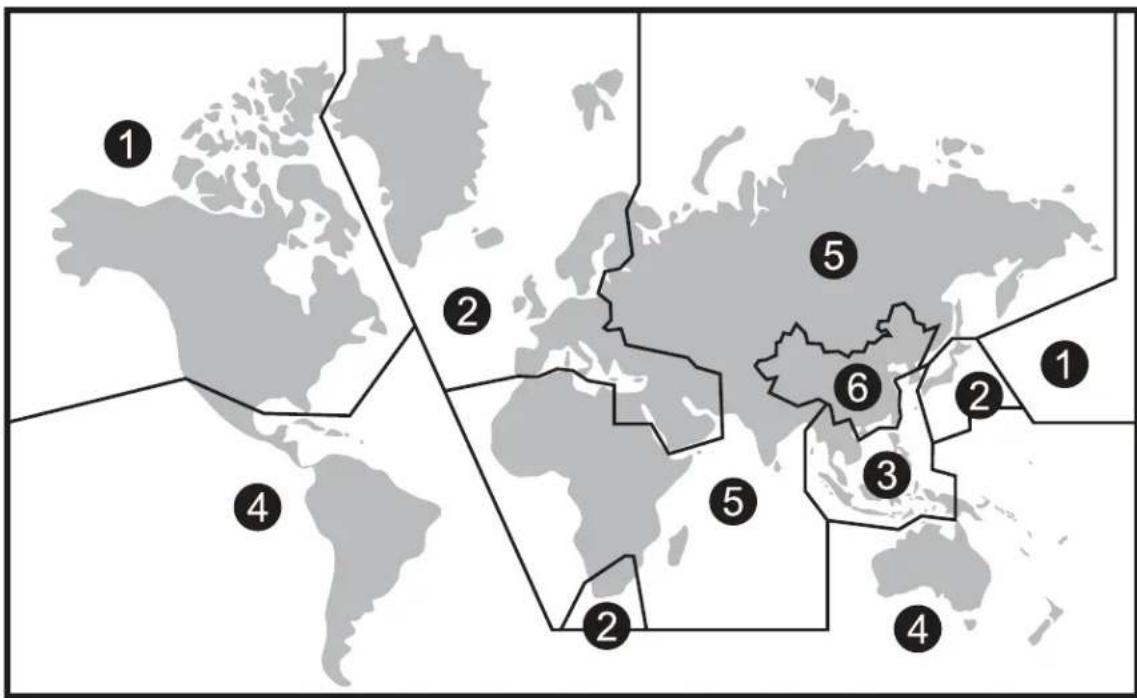 World map with numbered regions highlighting specific countries or regions within Africa and Asia