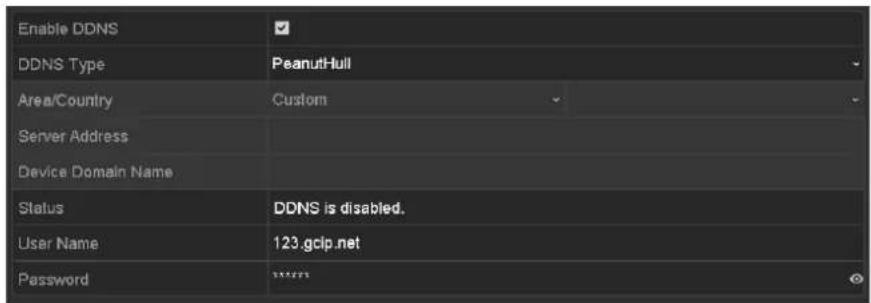 Enable DDNS DDNS Type Area/Country Server Address Device Domain Name Status User Name Password PeanutHull Custom DDNS is disabled. 123.gclp.net