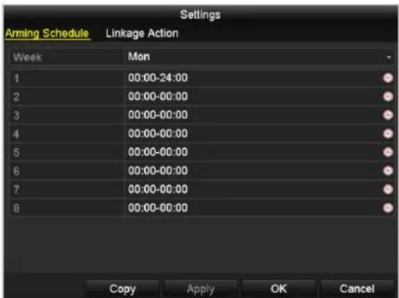 Settings Arming Schedule Linkage Action Week Mon 1 00:00-24:00 2 00:00-00:00 3 00:00-00:00 4 00:00-00:00 5 00:00-00:00 6 00:00-00:00 7 00:00-00:00 8 00:00-00:00 Copy Apply OK Cancel