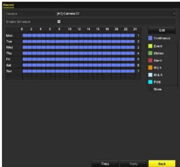 Record Camera [A1] Camera 01 Enable Schedule 0 2 4 6 8 10 12 14 16 18 20 22 24 Mon Tue Wed Thu Fri Sat Sun 1 2 3 4 5 6 7 Continuous Event Motion Alarm M A M & A POS None Copy Apply Back