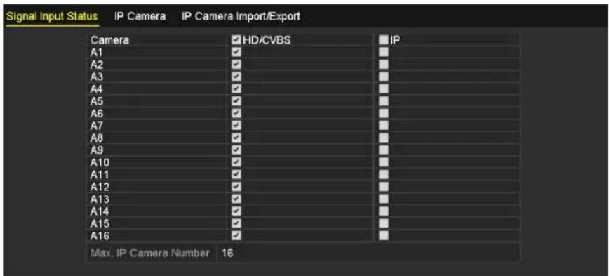 Signal Input Status IP Camera IP Camera Import/Export Camera HD/CVBS IP A1 # A2 # A3 # A4 # A5 # A6 # A7 # A8 # A9 # A10 # A11 # A12 # A13 # A14 # A15 # A16 # Max. IP Camera Number 16