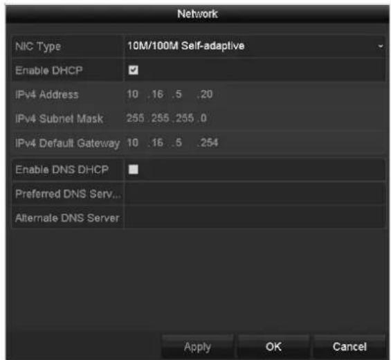 Network NIC Type 10M/100M Self-adaptive Enable DHCP ✓ IPv4 Address 10 .16 .5 .20 IPv4 Subnet Mask 255 .255 .255 .0 IPv4 Default Gateway 10 .16 .5 .254 Enable DNS DHCP Preferred DNS Serv... Alternate DNS Server Apply OK Cancel