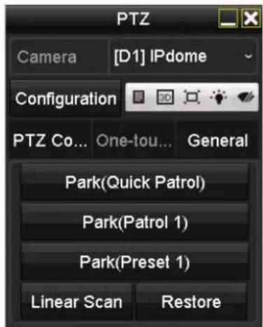 PTZ Camera [D1] IPdome Configuration PTZ Co... One-tou... General Park(Quick Patrol) Park(Patrol 1) Park(Preset 1) Linear Scan Restore