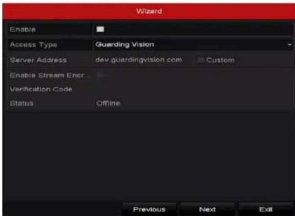 Wizard Enable Access Type Guarding Vision Server Address dev guardingvision.com Custom Enable Stream Encr... Verification Code Status Offline Previous Next Exit