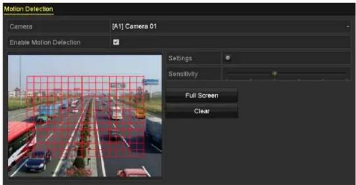 Motion Detection Camera [A1] Camera 01 Enable Motion Detection Settings Sensitivity Full Screen Clear
