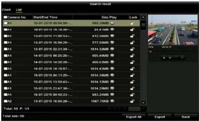 Search result Chart List Camera No. Start/End Time Size Play Lock A1 10-07-2015 09:54:05.... 589.39MB A1 10-07-2015 16:16:30.... 24.41MB A1 13-07-2015 11:00:53.... 412.54MB A1 13-07-2015 16:54:20.... 577.05MB A1 13-07-2015 22:31:39.... 1014.32MB A1 14-07-2015 06:25:26.... 605.48MB A1 14-07-2015 14:20:28.... 408.62MB A1 14-07-2015 18:19:57.... 1014.42MB A1 15-07-2015 04:11:25.... 1014.38MB A1 15-07-2015 13:59:43.... 1014.12MB A1 15-07-2015 23:47:30.... 1014.20MB A1 16-07-2015 09:40:23.... 683.24MB A2 13-07-2015 16:54:28.... 1567.70KB Total: 99 P: 1/1 Total size: 0B Export All Export Back