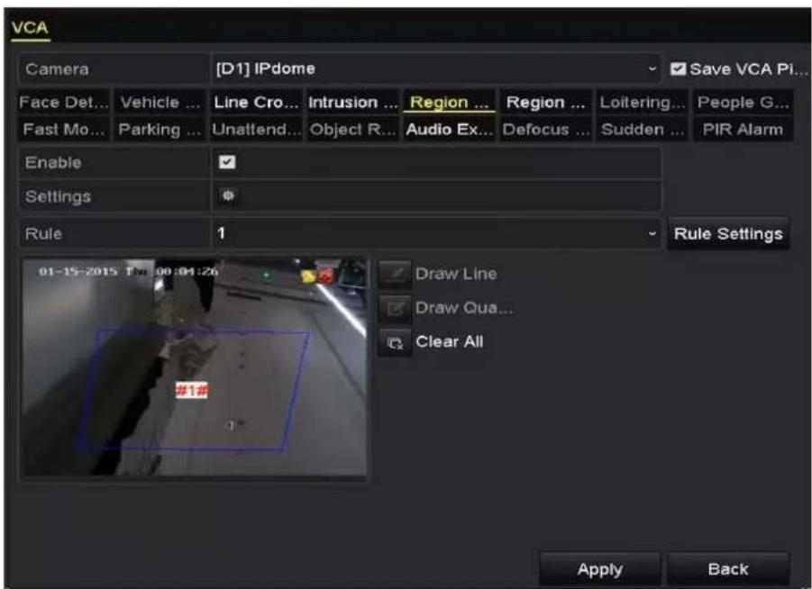 VCA Camera [D1] IPdome Save VCA Pi... Face Det... Vehicle ... Line Cro... Intrusion ... Region ... Region ... Loitering... People G... Fast Mo... Parking ... Unattend... Object R... Audio Ex... Defocus ... Sudden ... PIR Alarm Enable Settings Rule 1 Rule Settings 01-15-2015 T: 00:01:26 Draw Line Draw Qua... Clear All Apply Back