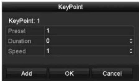 KeyPoint KeyPoint: 1 Preset 1 Duration 0 ° Speed 1 ° Add OK Cancel