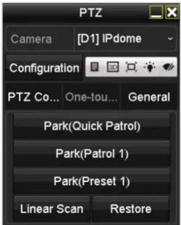 PTZ Camera [D1] IPdome Configuration PTZ Co... One-tou... General Park(Quick Patrol) Park(Patrol 1) Park(Preset 1) Linear Scan Restore