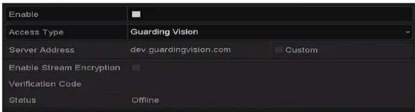 Enable Access Type Guarding Vision Server Address dev.guardingvision.com Custom Enable Stream Encryption Verification Code Status Offline