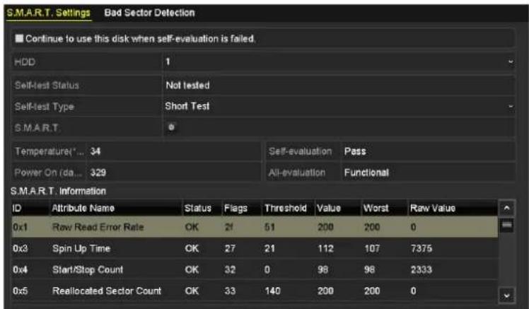 S.M.A.R.T. Settings Bad Sector Detection Continue to use this disk when self-evaluation is failed HDD 1 Self-test Status Not tested Self-test Type Short Test S.M.A.R.T. Temperature(*... 34 Self-evaluation Pass Power On (da... 329 All-evaluation Functional S.M.A.R.T. Information ID Attribute Name Status Flags Threshold Value Worst Raw Value 0x1 Raw Read Error Rate OK 21 51 200 200 0 0x3 Spin Up Time OK 27 21 112 107 7375 0x4 Start/Stop Count OK 32 0 98 98 2333 0x5 Reallocated Sector Count OK 33 140 200 200 0